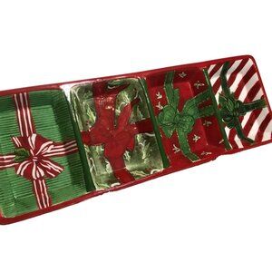 Oneida Ceramic Holiday Serving Tray Gift Box Design 4 Sections Red Green 18 X 6"